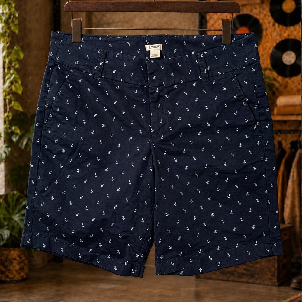 J.Crew Navy Blue Anchor Print Chino Shorts Women 10 Nautical Preppy Summer